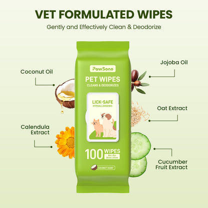 PawSono Hypoallergenic Pet Wipes for Dogs & Cats, Coconut Scented, 100 Count